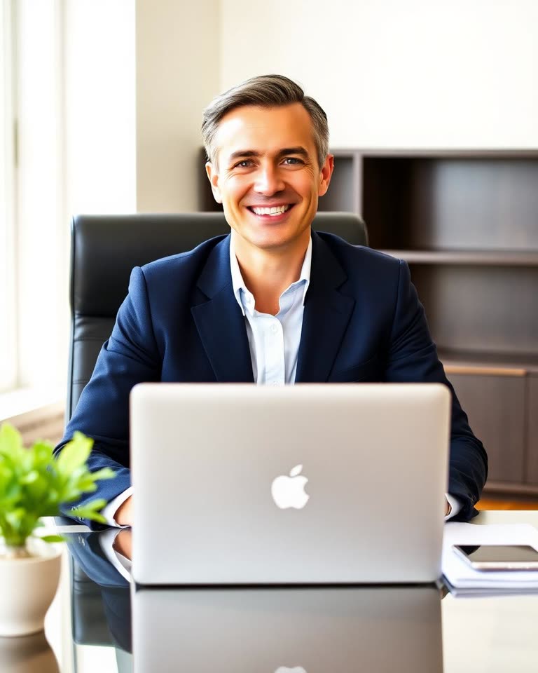 Courtier immobilier des Laurentides accueillant, souriant, à son bureau