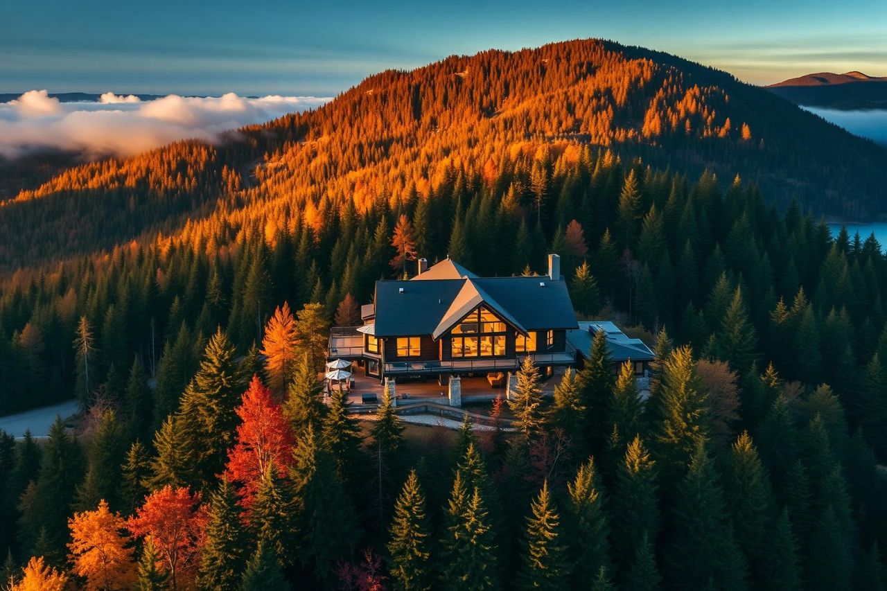 Chalet de prestige dans les montagnes des Laurentides en automne au coucher du soleil