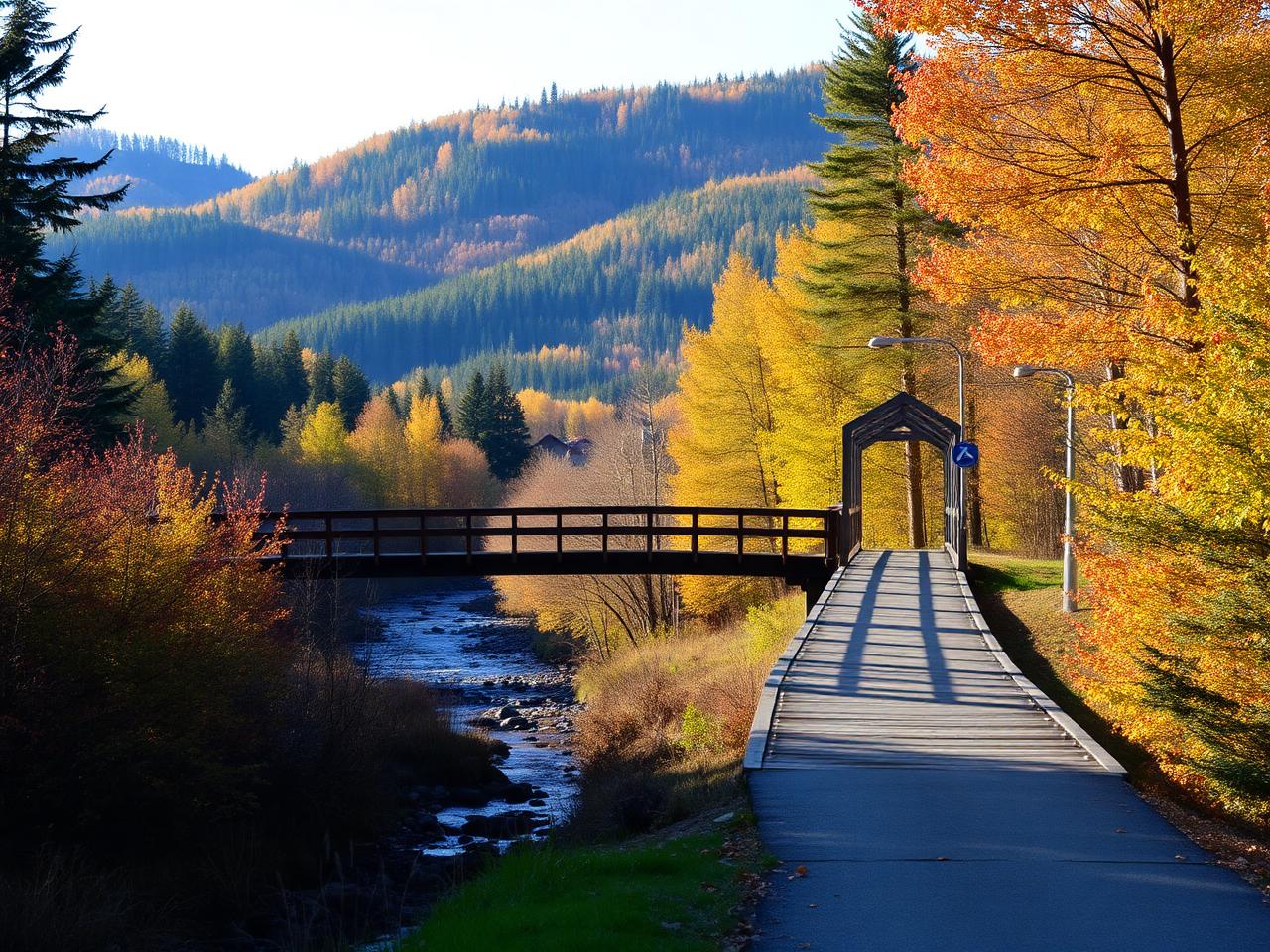 Sentier et passerelle entourés de paysages d’automne à Prévost dans les Laurentides