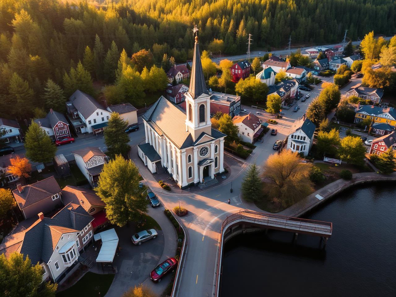 Vue aérienne du centre-ville de Saint-Jérôme et de sa cathédrale dans les Laurentides