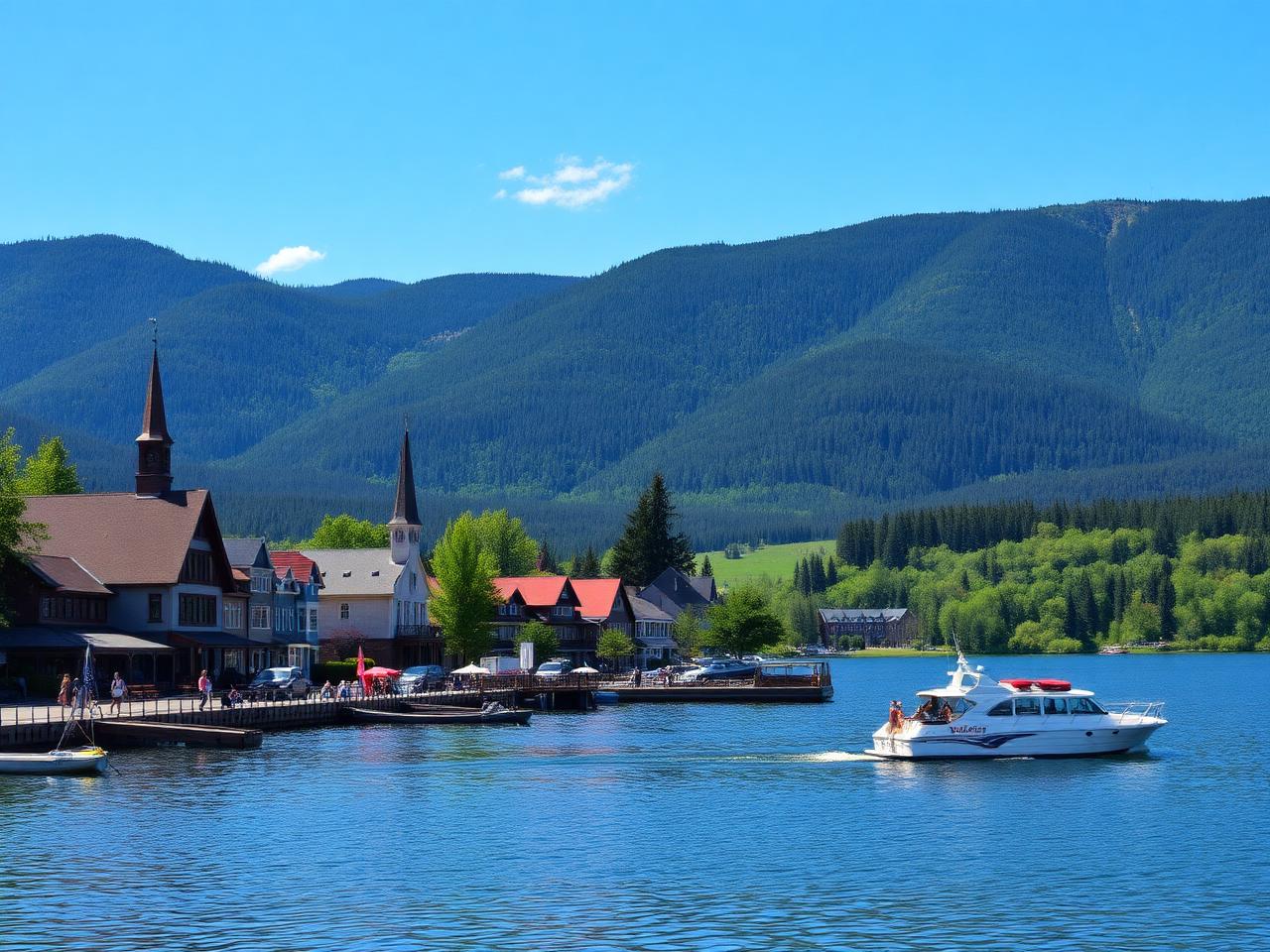 Vue de Sainte-Agathe-des-Monts avec le lac des Sables et les collines boisées des Laurentides