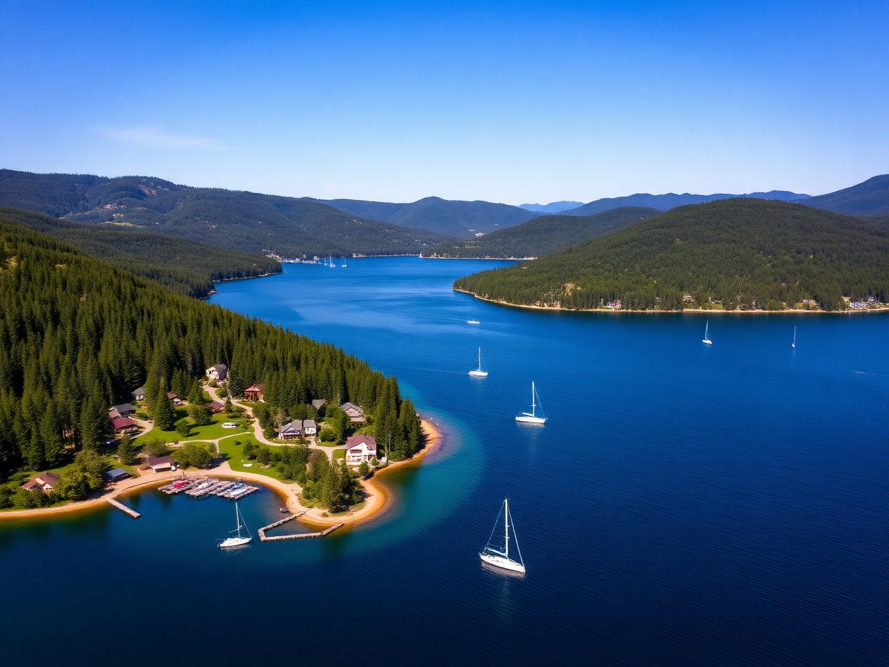 Vue panoramique du lac Masson entouré de collines boisées à Sainte-Marguerite-du-Lac-Masson